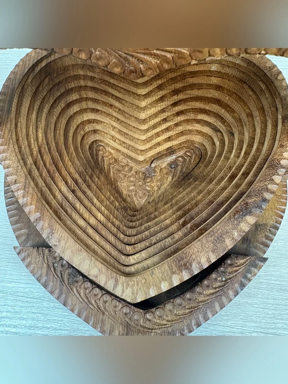 Vintage Hand Carved Heart Shaped Collapsible Wooden Fruit Basket Folding Trivet